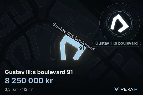 VERA PI's image of Gustav III:s boulevard 91: the building in 3D, lit in blue, and the map around it