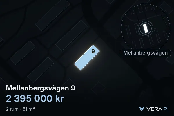 VERA PI's image of Mellanbergsvägen 9: the building in 3D, lit in blue, and the map around it