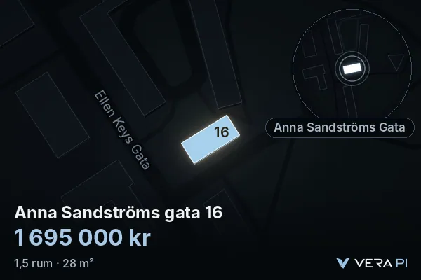 VERA PI's image of Anna Sandströms gata 16: the building in 3D, lit in blue, and the map around it