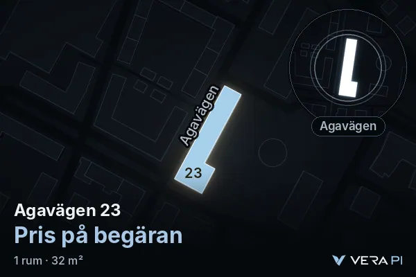 VERA PI's image of Agavägen 23: the building in 3D, lit in blue, and the map around it