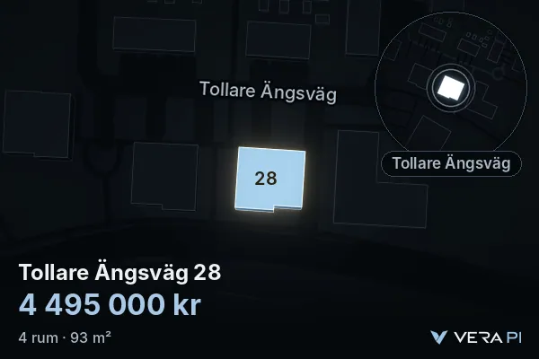 VERA PI:s bild av Tollare Ängsväg 28: huset i 3D, upplyst i blått, och kartan runt omkring
