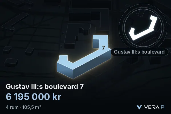VERA PI:s bild av Gustav III:s boulevard 7: huset i 3D, upplyst i blått, och kartan runt omkring