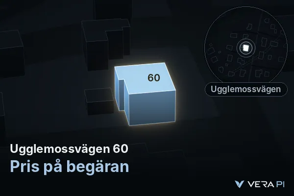 VERA PI:s bild av Ugglemossvägen 60: huset i 3D, upplyst i blått, och kartan runt omkring