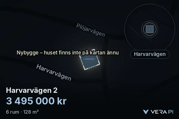 VERA PI's image of Harvarvägen 2: the building in 3D, lit in blue, and the map around it