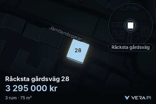 VERA PI:s bild av Råcksta gårdsväg 28: huset i 3D, upplyst i blått, och kartan runt omkring
