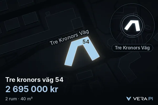 VERA PI:s bild av Tre kronors väg 54: huset i 3D, upplyst i blått, och kartan runt omkring