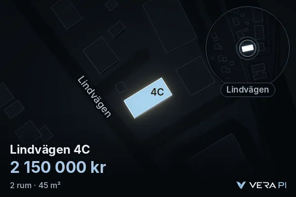 VERA PI's image of Lindvägen 4C: the building in 3D, lit in blue, and the map around it