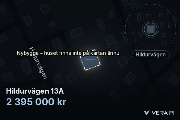 VERA PI's image of Hildurvägen 13A: the building in 3D, lit in blue, and the map around it