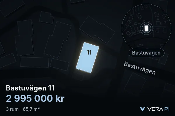 VERA PI:s bild av Bastuvägen 11: huset i 3D, upplyst i blått, och kartan runt omkring