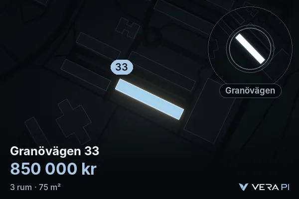 VERA PI's image of Granövägen 33: the building in 3D, lit in blue, and the map around it