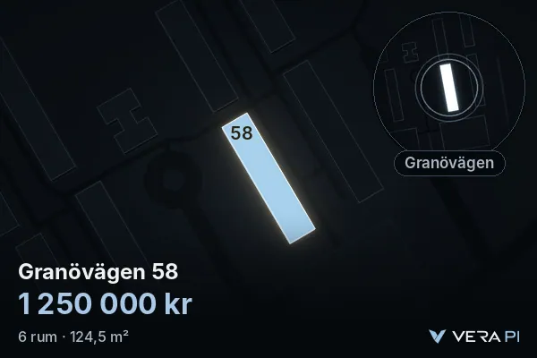 VERA PI's image of Granövägen 58: the building in 3D, lit in blue, and the map around it
