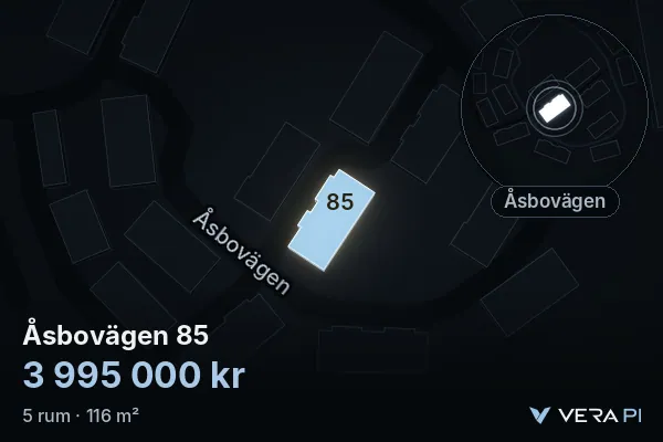 VERA PI's image of Åsbovägen 85: the building in 3D, lit in blue, and the map around it