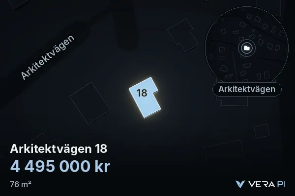 VERA PI's image of Arkitektvägen 18: the building in 3D, lit in blue, and the map around it