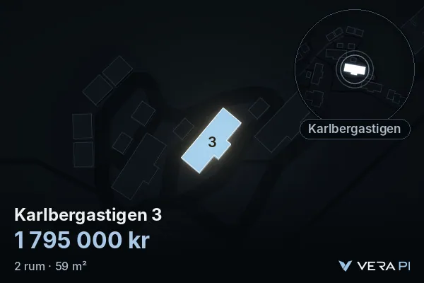 VERA PI's image of Karlbergastigen 3: the building in 3D, lit in blue, and the map around it