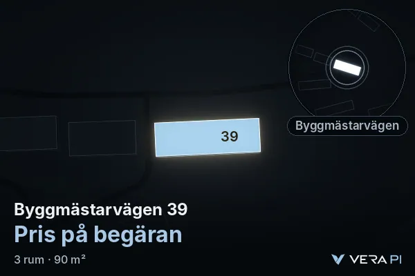 VERA PI:s bild av Byggmästarvägen 39: huset i 3D, upplyst i blått, och kartan runt omkring
