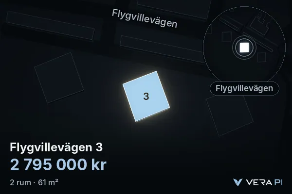 VERA PI:s bild av Flygvillevägen 3: huset i 3D, upplyst i blått, och kartan runt omkring