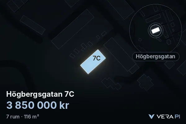 VERA PI's image of Högbergsgatan 7C: the building in 3D, lit in blue, and the map around it