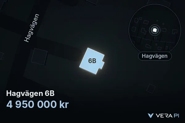 VERA PI:s bild av Hagvägen 6B: huset i 3D, upplyst i blått, och kartan runt omkring