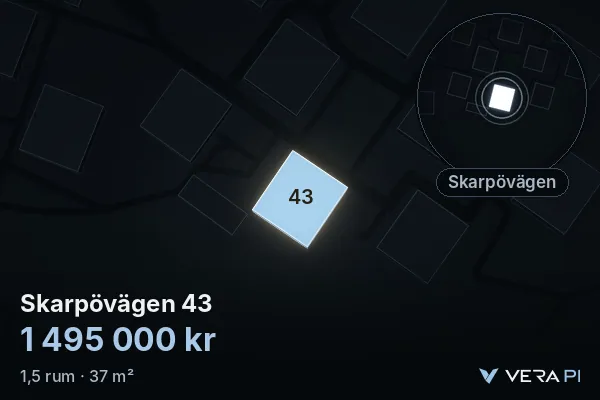 VERA PI:s bild av Skarpövägen 43: huset i 3D, upplyst i blått, och kartan runt omkring