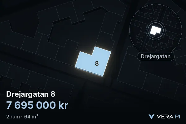 VERA PI:s bild av Drejargatan 8: huset i 3D, upplyst i blått, och kartan runt omkring