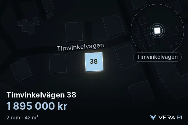 VERA PI:s bild av Timvinkelvägen 38: huset i 3D, upplyst i blått, och kartan runt omkring