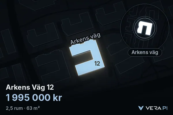 VERA PI:s bild av Arkens Väg 12: huset i 3D, upplyst i blått, och kartan runt omkring