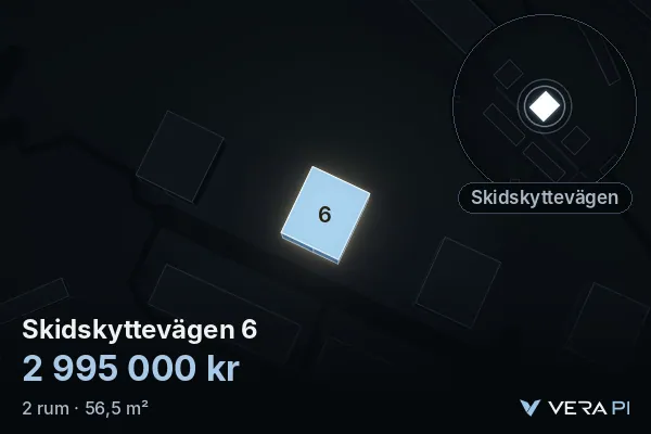 VERA PI:s bild av Skidskyttevägen 6: huset i 3D, upplyst i blått, och kartan runt omkring