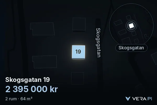 VERA PI's image of Skogsgatan 19: the building in 3D, lit in blue, and the map around it
