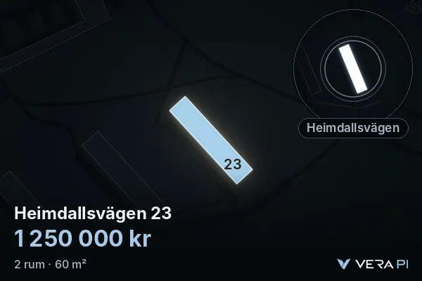 VERA PI:s bild av Heimdallsvägen 23: huset i 3D, upplyst i blått, och kartan runt omkring