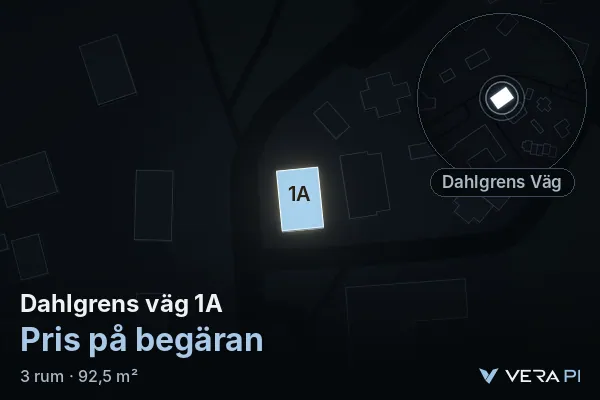 VERA PI:s bild av Dahlgrens väg 1A: huset i 3D, upplyst i blått, och kartan runt omkring