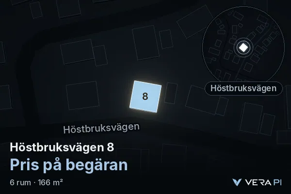 VERA PI:s bild av Höstbruksvägen 8: huset i 3D, upplyst i blått, och kartan runt omkring