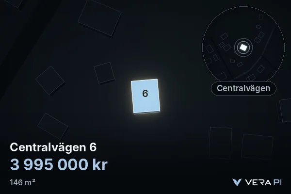 VERA PI's image of Centralvägen 6: the building in 3D, lit in blue, and the map around it