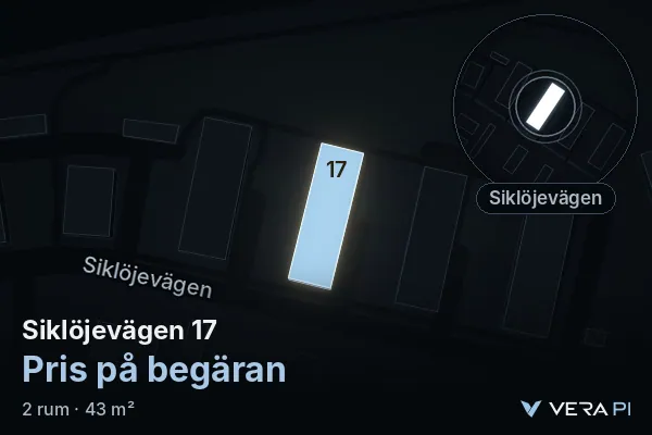 VERA PI:s bild av Siklöjevägen 17: huset i 3D, upplyst i blått, och kartan runt omkring