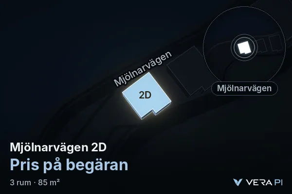 VERA PI:s bild av Mjölnarvägen 2D: huset i 3D, upplyst i blått, och kartan runt omkring