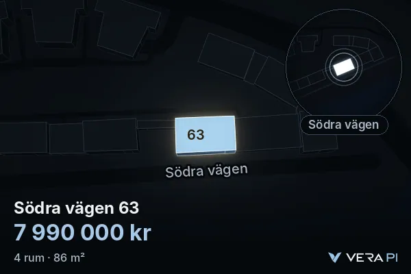 VERA PI:s bild av Södra vägen 63: huset i 3D, upplyst i blått, och kartan runt omkring