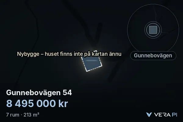 VERA PI's image of Gunnebovägen 54: the building in 3D, lit in blue, and the map around it