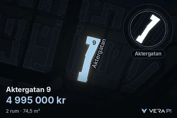 VERA PI:s bild av Aktergatan 9: huset i 3D, upplyst i blått, och kartan runt omkring