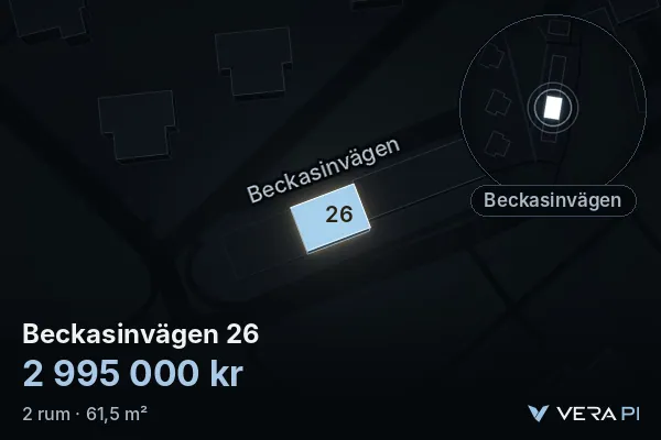 VERA PI:s bild av Beckasinvägen 26: huset i 3D, upplyst i blått, och kartan runt omkring
