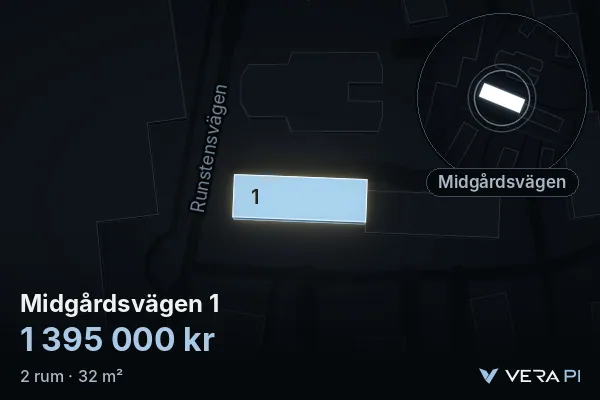 VERA PI's image of Midgårdsvägen 1: the building in 3D, lit in blue, and the map around it