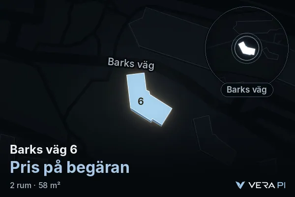 VERA PI's image of Barks väg 6: the building in 3D, lit in blue, and the map around it