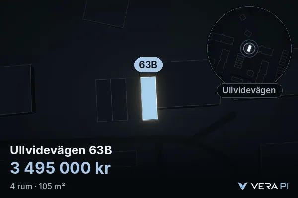 VERA PI's image of Ullvidevägen 63B: the building in 3D, lit in blue, and the map around it