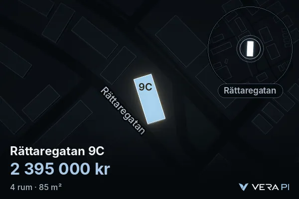 VERA PI's image of Rättaregatan 9C: the building in 3D, lit in blue, and the map around it