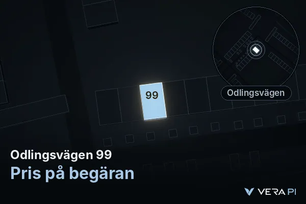 VERA PI:s bild av Odlingsvägen 99: huset i 3D, upplyst i blått, och kartan runt omkring