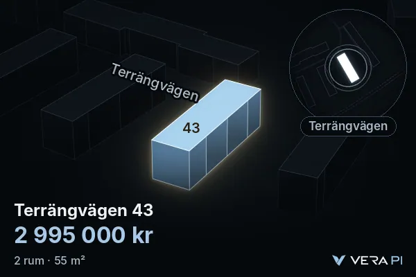 VERA PI:s bild av Terrängvägen 43: huset i 3D, upplyst i blått, och kartan runt omkring