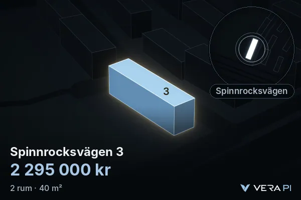 VERA PI:s bild av Spinnrocksvägen 3: huset i 3D, upplyst i blått, och kartan runt omkring