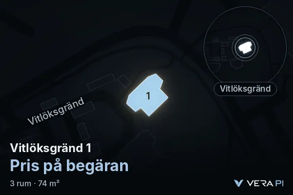 VERA PI's image of Vitlöksgränd 1: the building in 3D, lit in blue, and the map around it