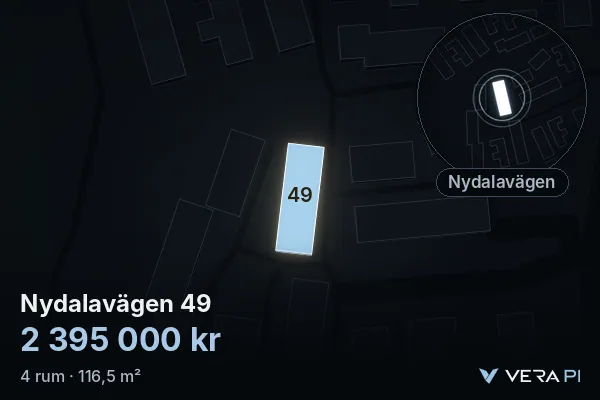 VERA PI's image of Nydalavägen 49: the building in 3D, lit in blue, and the map around it