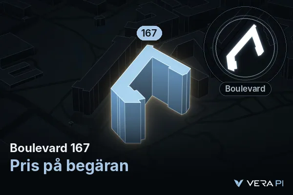 VERA PI:s bild av Boulevard 167: huset i 3D, upplyst i blått, och kartan runt omkring