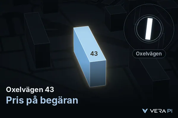 VERA PI's image of Oxelvägen 43: the building in 3D, lit in blue, and the map around it