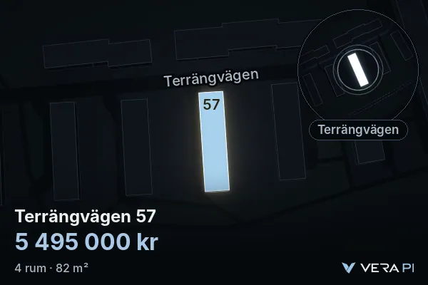 VERA PI's image of Terrängvägen 57: the building in 3D, lit in blue, and the map around it